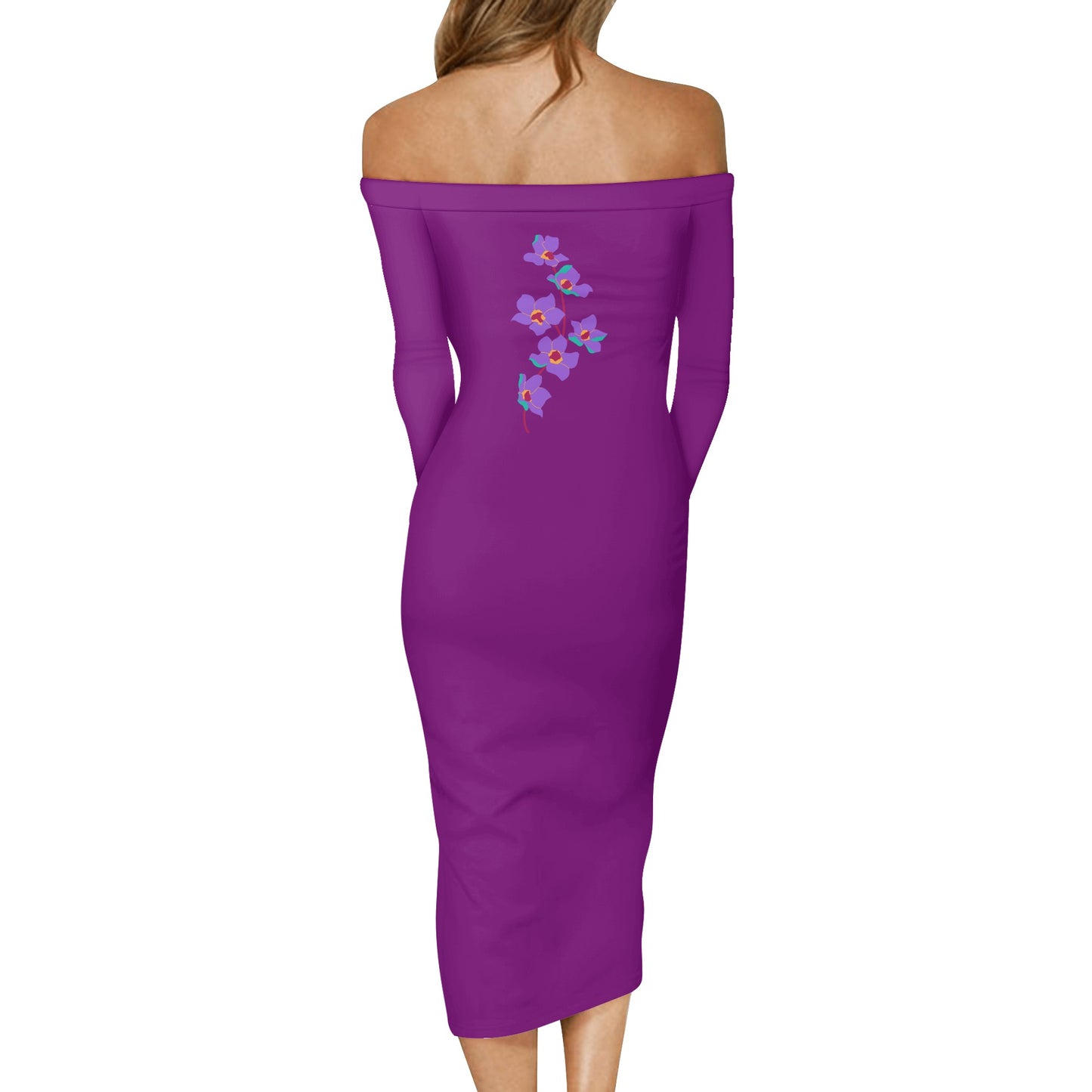 Midnight Blossom Long Sleeve Off the Shoulder Dress