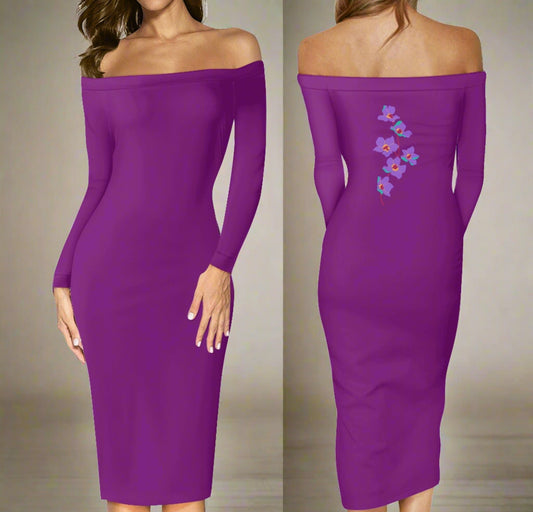 Midnight Blossom Long Sleeve Off the Shoulder Dress