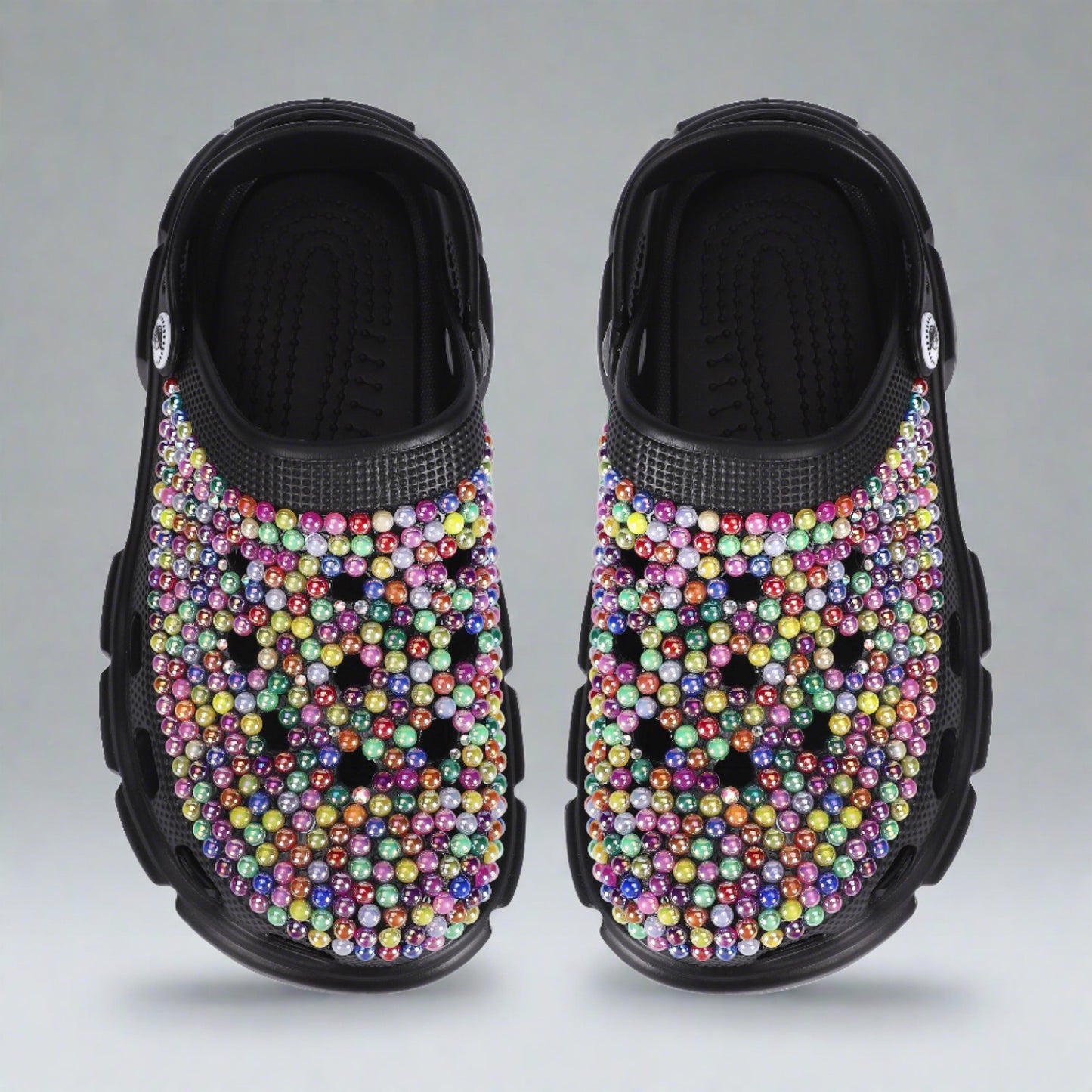 Womens Rhinestone Multi-Colored Black Clogs