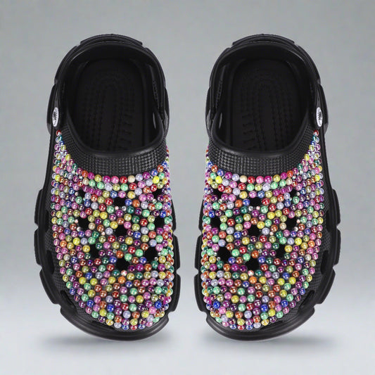 Womens Rhinestone Multi-Colored Black Clogs