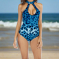 Blue Cheetah Halter neck Open back One-Piece Swimsuit