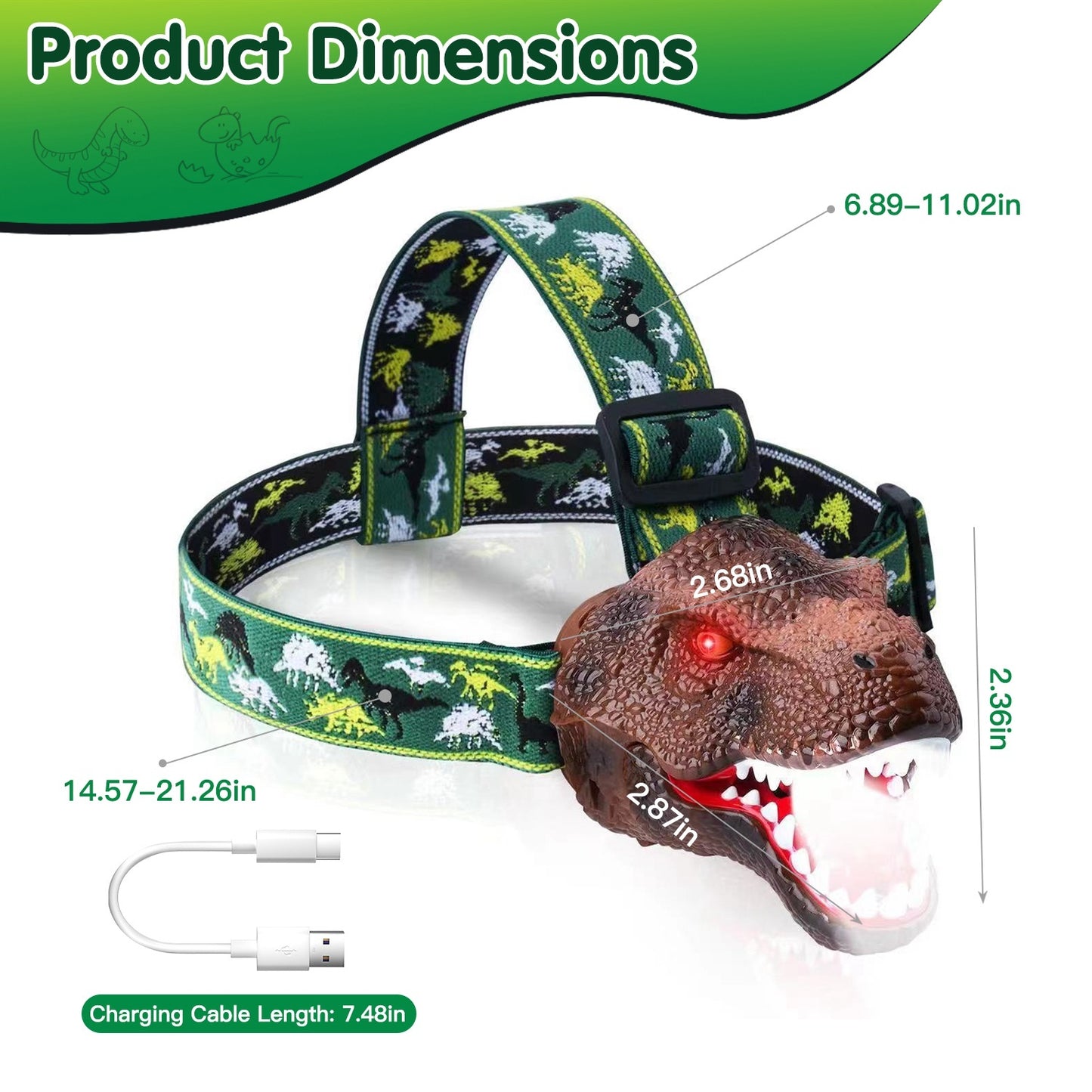 DinoRoar Kids Headlamp – USB Rechargeable Dinosaur Flashlight with Roar Sound & 4 Light Modes