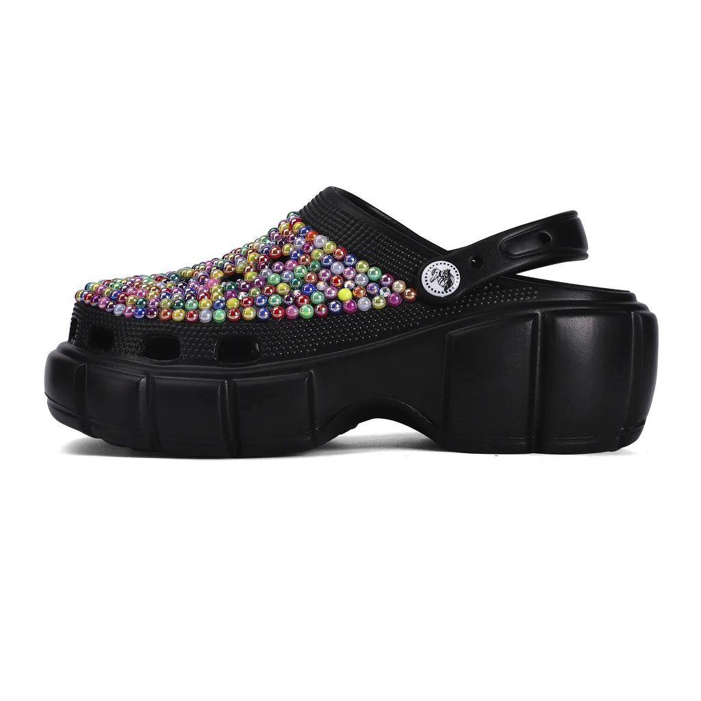 Women’s Rhinestone Multi‑Colored Black Clogs | Sparkly Slip‑On Clogs