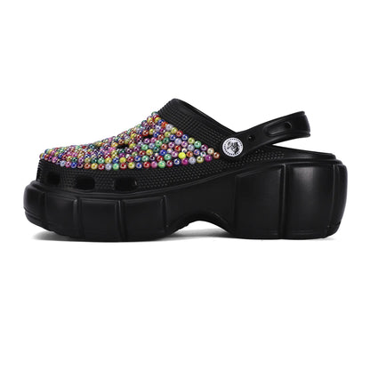 Womens Rhinestone Multi-Colored Black Clogs