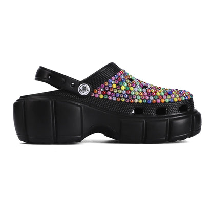 Womens Rhinestone Multi-Colored Black Clogs