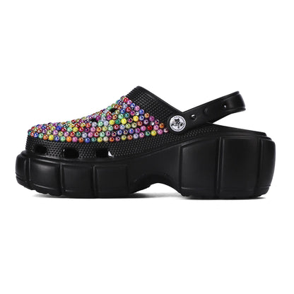 Womens Rhinestone Multi-Colored Black Clogs