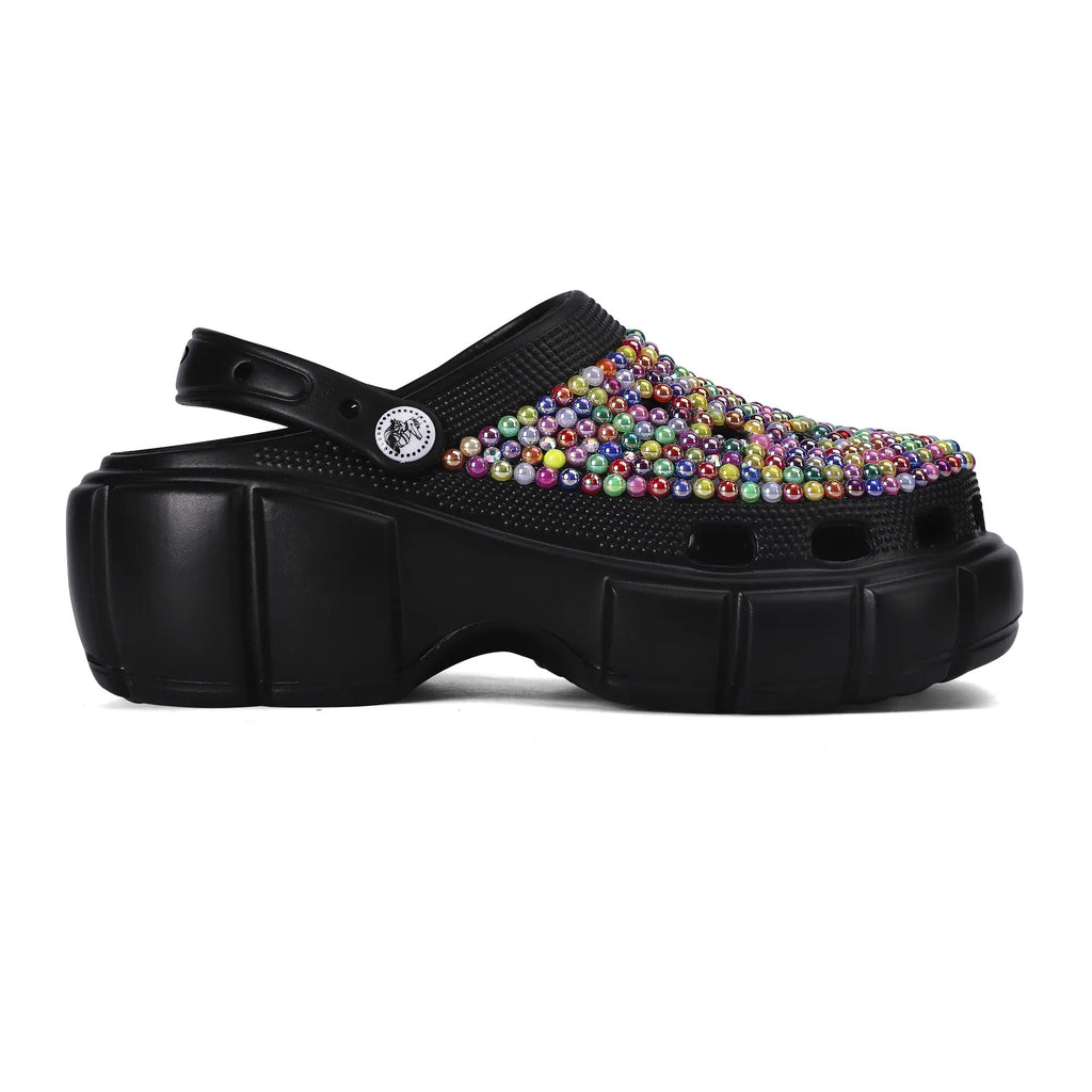Women’s Rhinestone Multi‑Colored Black Clogs | Sparkly Slip‑On Clogs