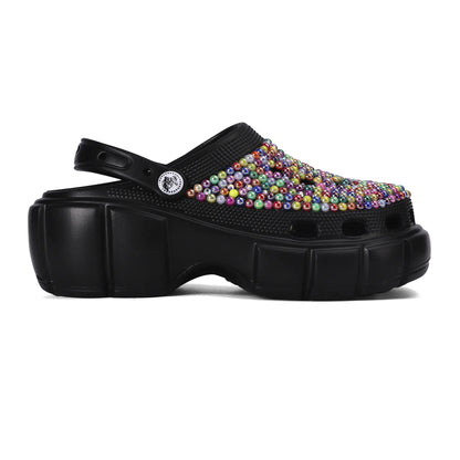 Womens Rhinestone Multi-Colored Black Clogs