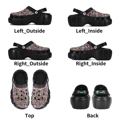 Womens Rhinestone Multi-Colored Black Clogs