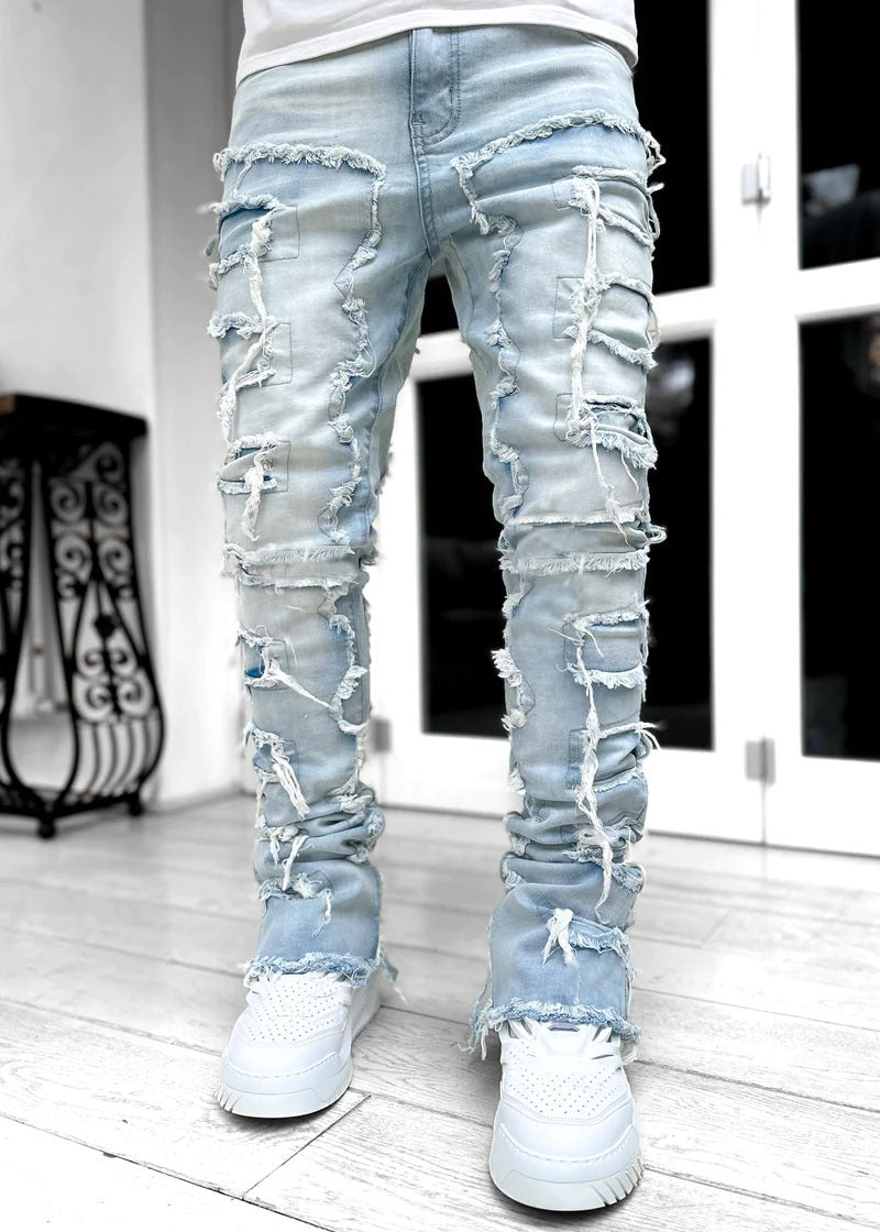 Men’s fashion stacked pants with patchwork and fringe details