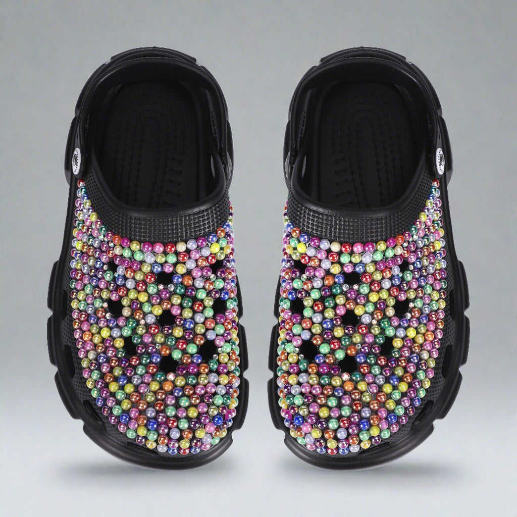 Women’s Rhinestone Multi‑Colored Black Clogs | Sparkly Slip‑On Clogs