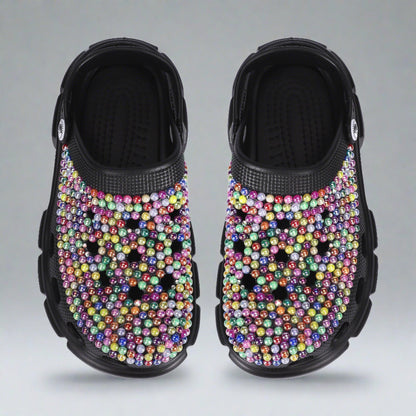 Womens Rhinestone Multi-Colored Black Clogs