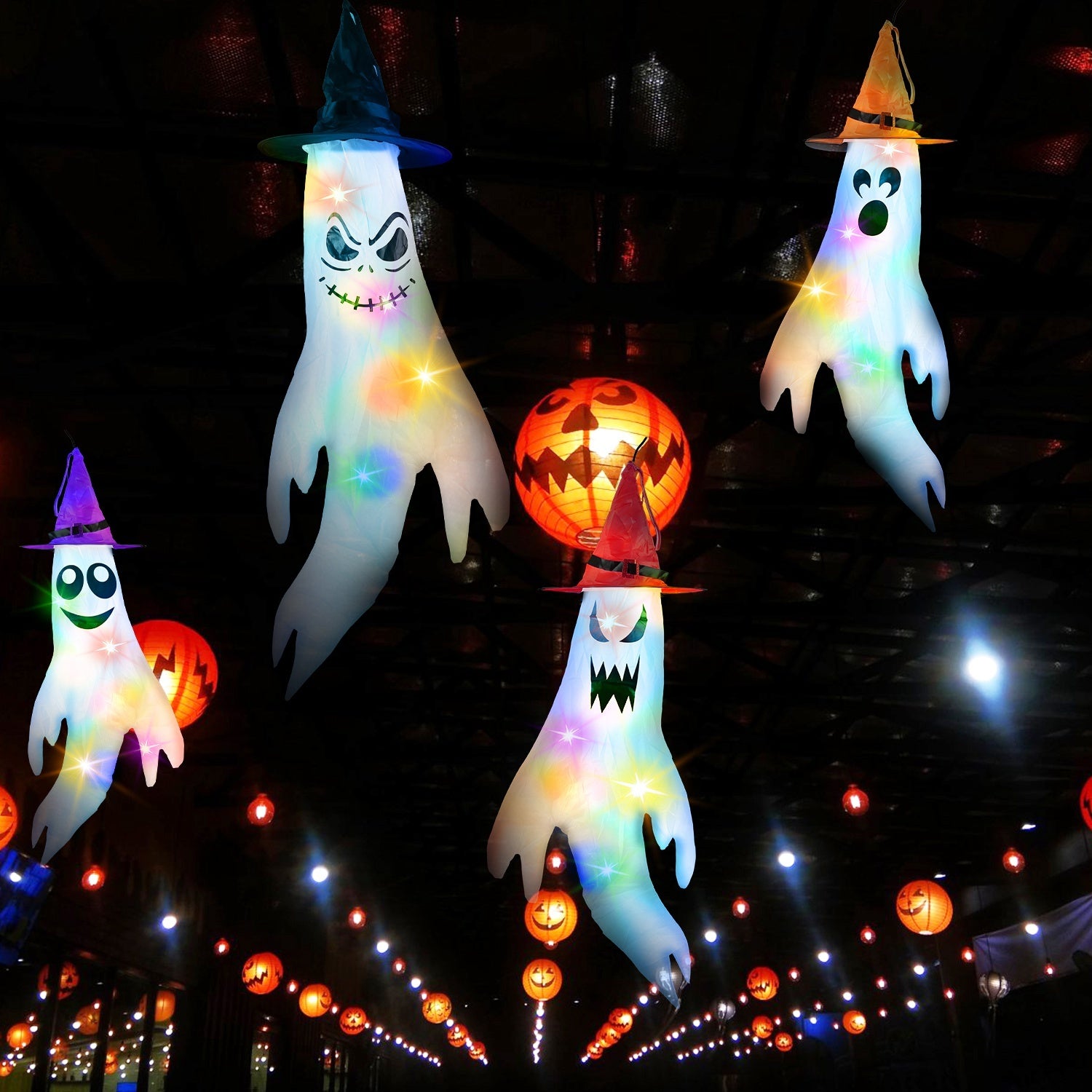 LED Ghost Windsocks – Halloween Yard Set (4-Pack)