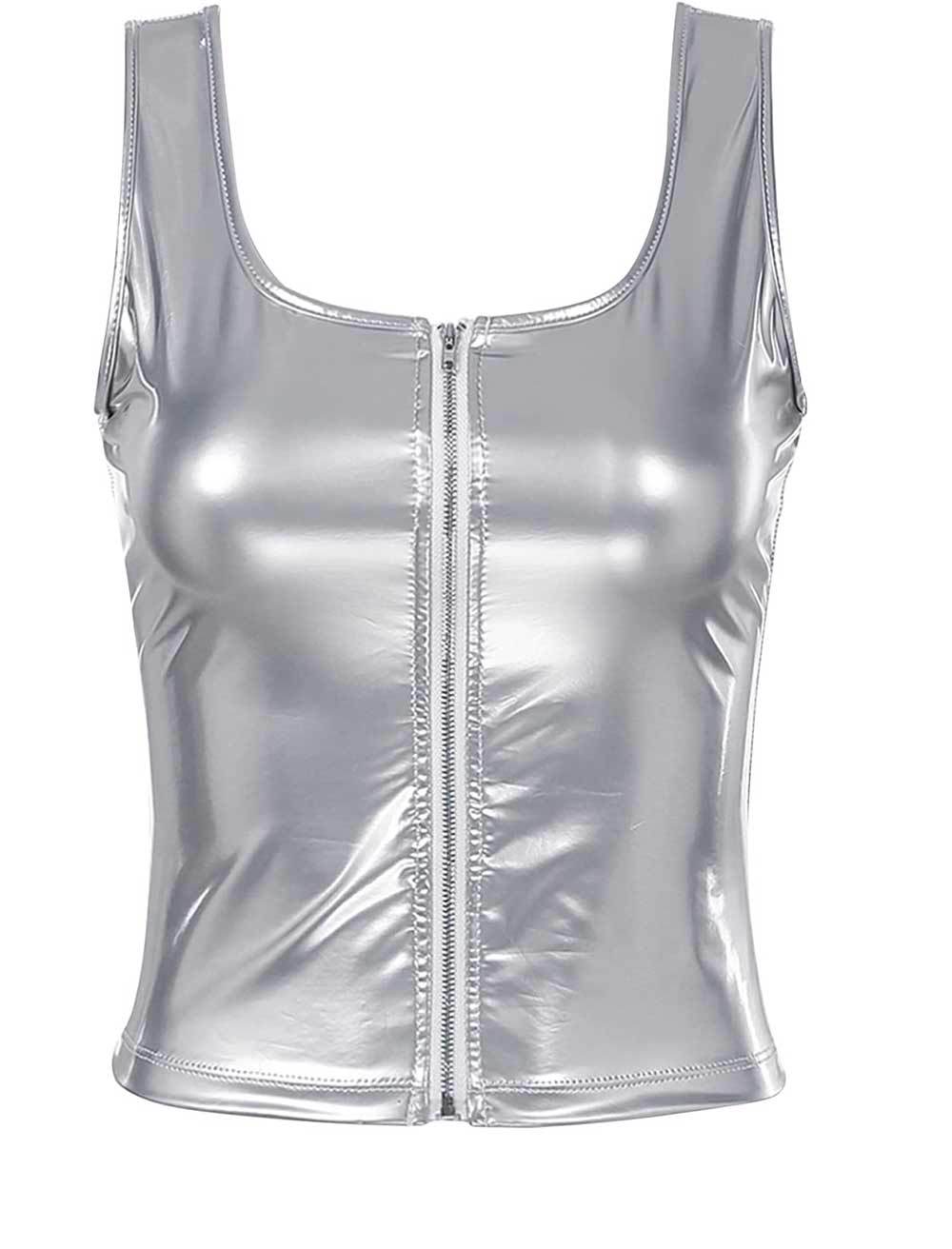 Women’s Sexy Leather Zipper Vest | Glossy Faux Leather Rockstar Top