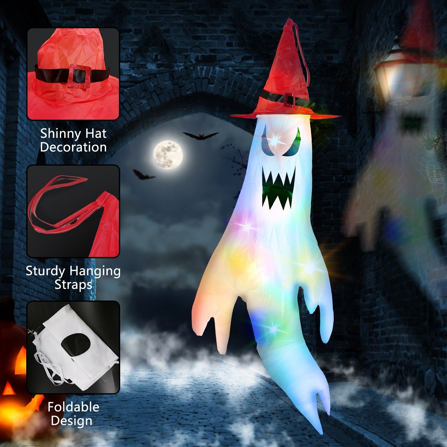 LED Ghost Windsocks – Halloween Yard Set (4-Pack)
