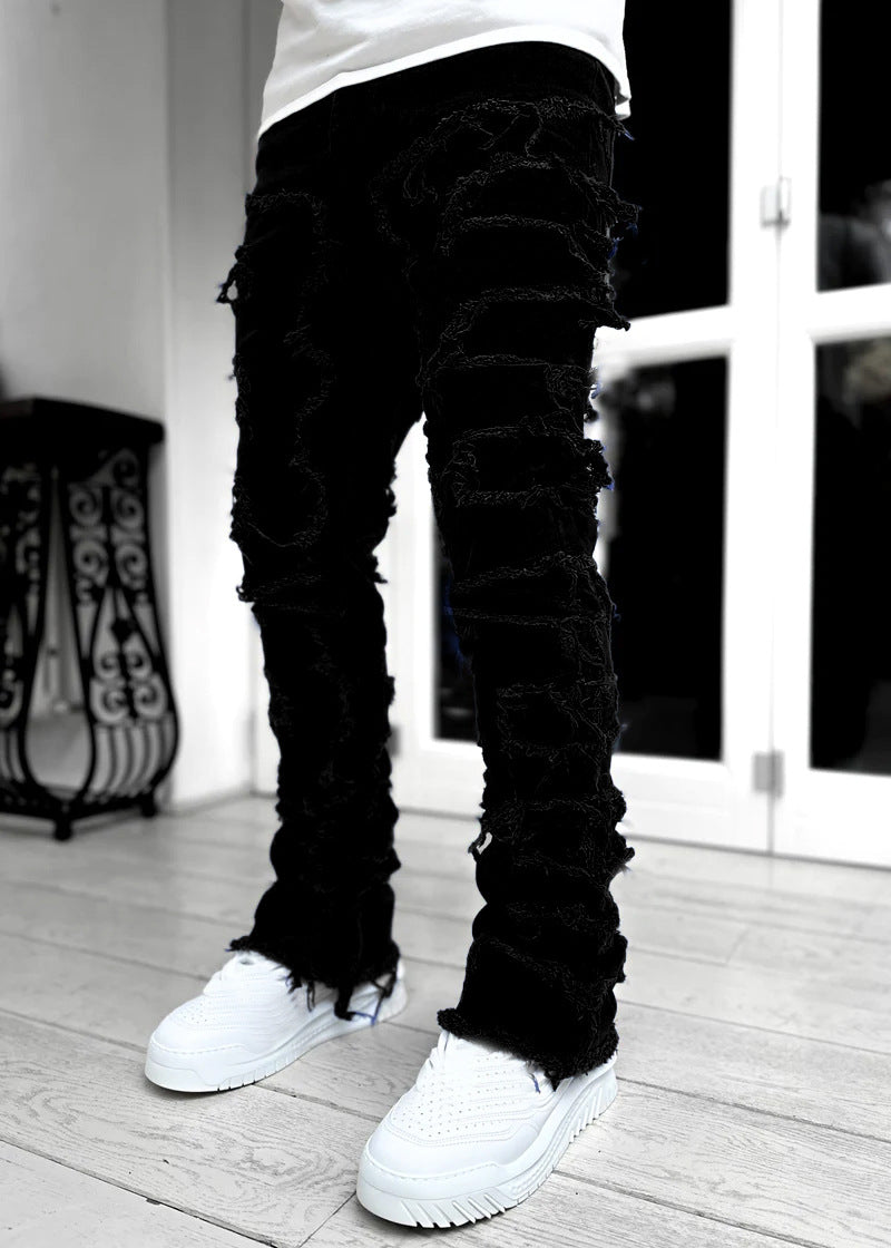 Slim fit men’s stacked jeans with modern patchwork style