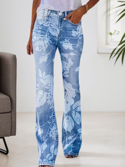 Floral Frost High‑Waist Printed Denim Pants