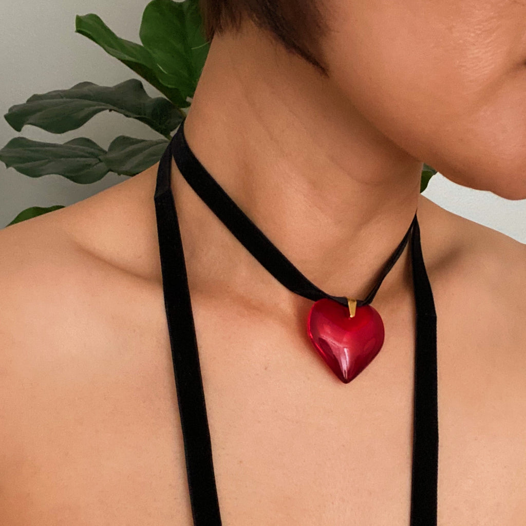 Crimson Velvet Sash Heart Necklace