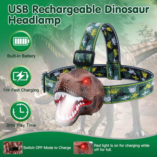 DinoRoar Kids Headlamp – USB Rechargeable Dinosaur Flashlight with Roar Sound & 4 Light Modes