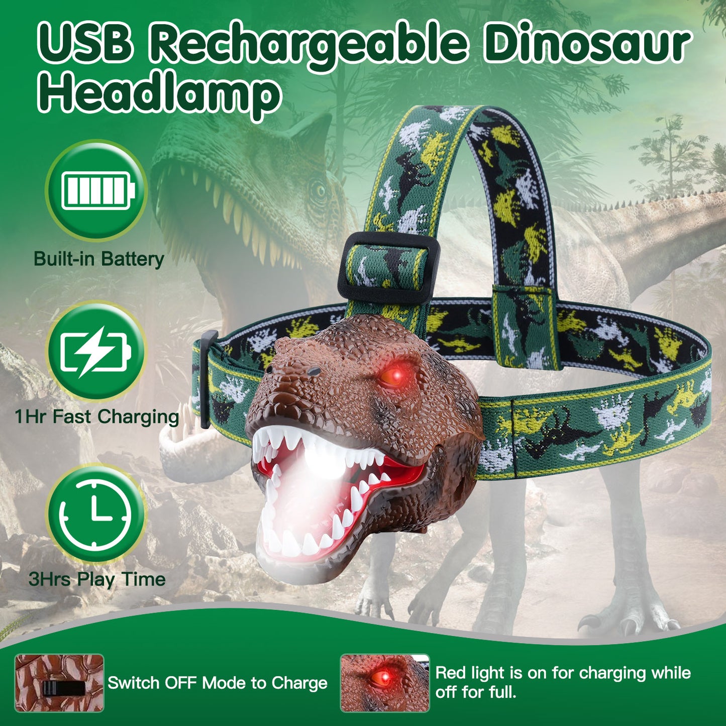 DinoRoar Kids Headlamp – USB Rechargeable Dinosaur Flashlight with Roar Sound & 4 Light Modes