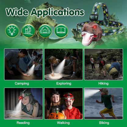 DinoRoar Kids Headlamp – USB Rechargeable Dinosaur Flashlight with Roar Sound & 4 Light Modes