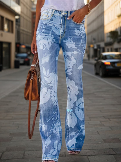 Floral Frost High‑Waist Printed Denim Pants