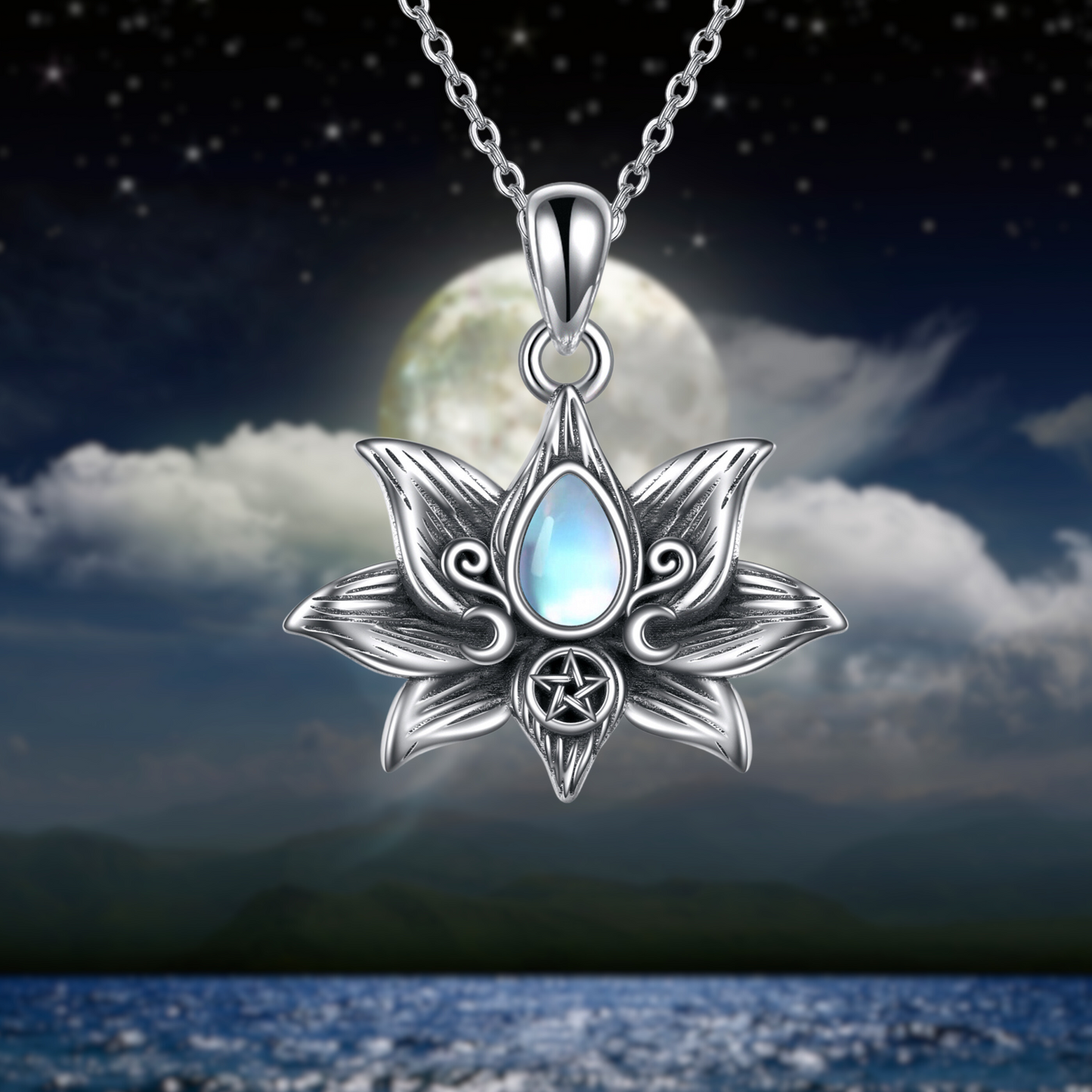 Sterling Silver Moonstone Lotus Flower Necklace