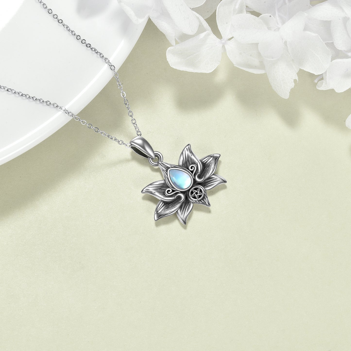 Sterling Silver Moonstone Lotus Flower Necklace