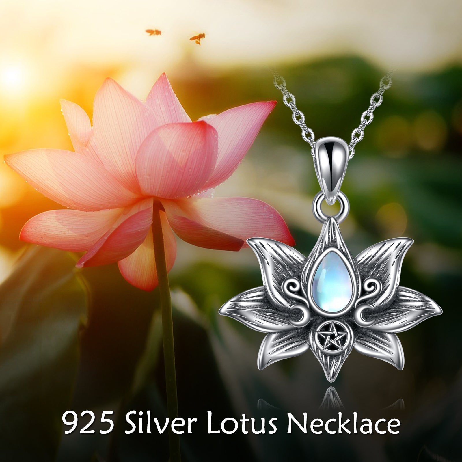 Sterling Silver Moonstone Lotus Flower Necklace