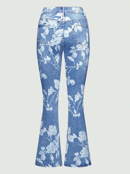 Floral Frost High‑Waist Printed Denim Pants