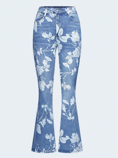 Floral Frost High‑Waist Printed Denim Pants