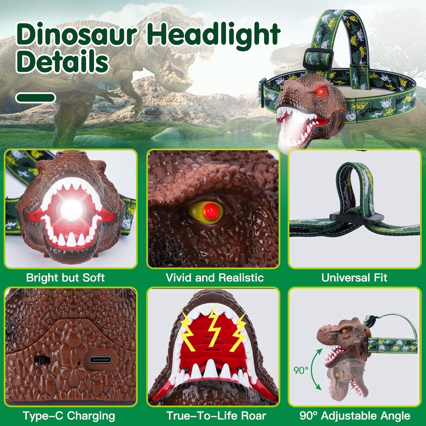DinoRoar Kids Headlamp – USB Rechargeable Dinosaur Flashlight with Roar Sound & 4 Light Modes