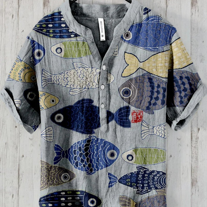 Men’s artisan fish summer shirt featuring a stylish printed design for relaxed summer wear.