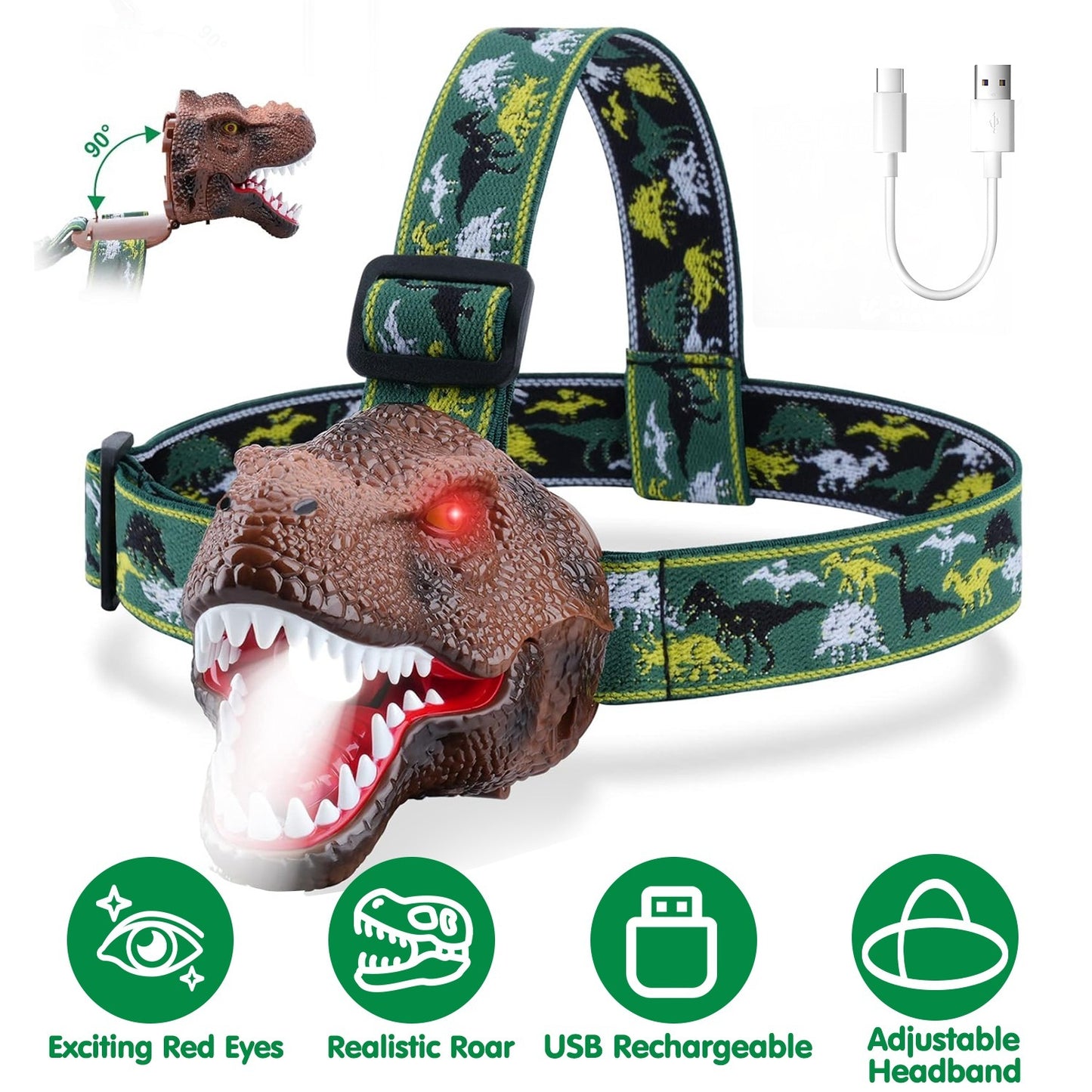 DinoRoar Kids Headlamp – USB Rechargeable Dinosaur Flashlight with Roar Sound & 4 Light Modes