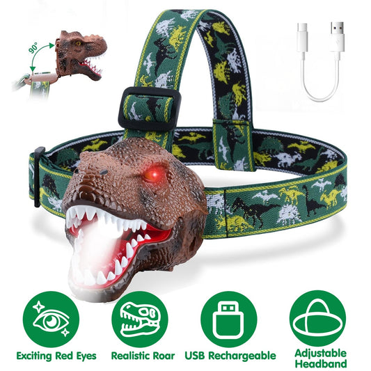 DinoRoar Kids Headlamp – USB Rechargeable Dinosaur Flashlight with Roar Sound & 4 Light Modes