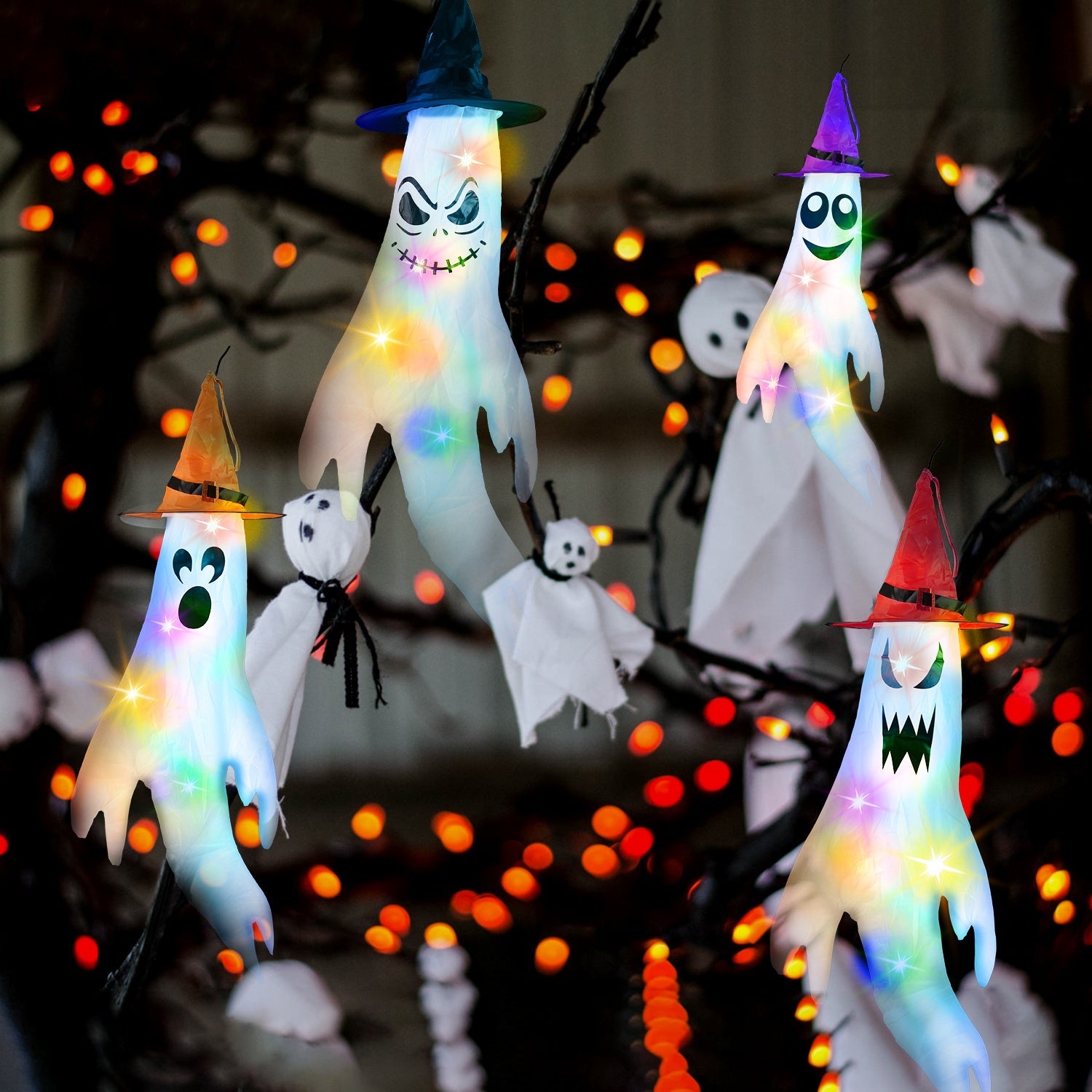 LED Ghost Windsocks – Halloween Yard Set (4-Pack)
