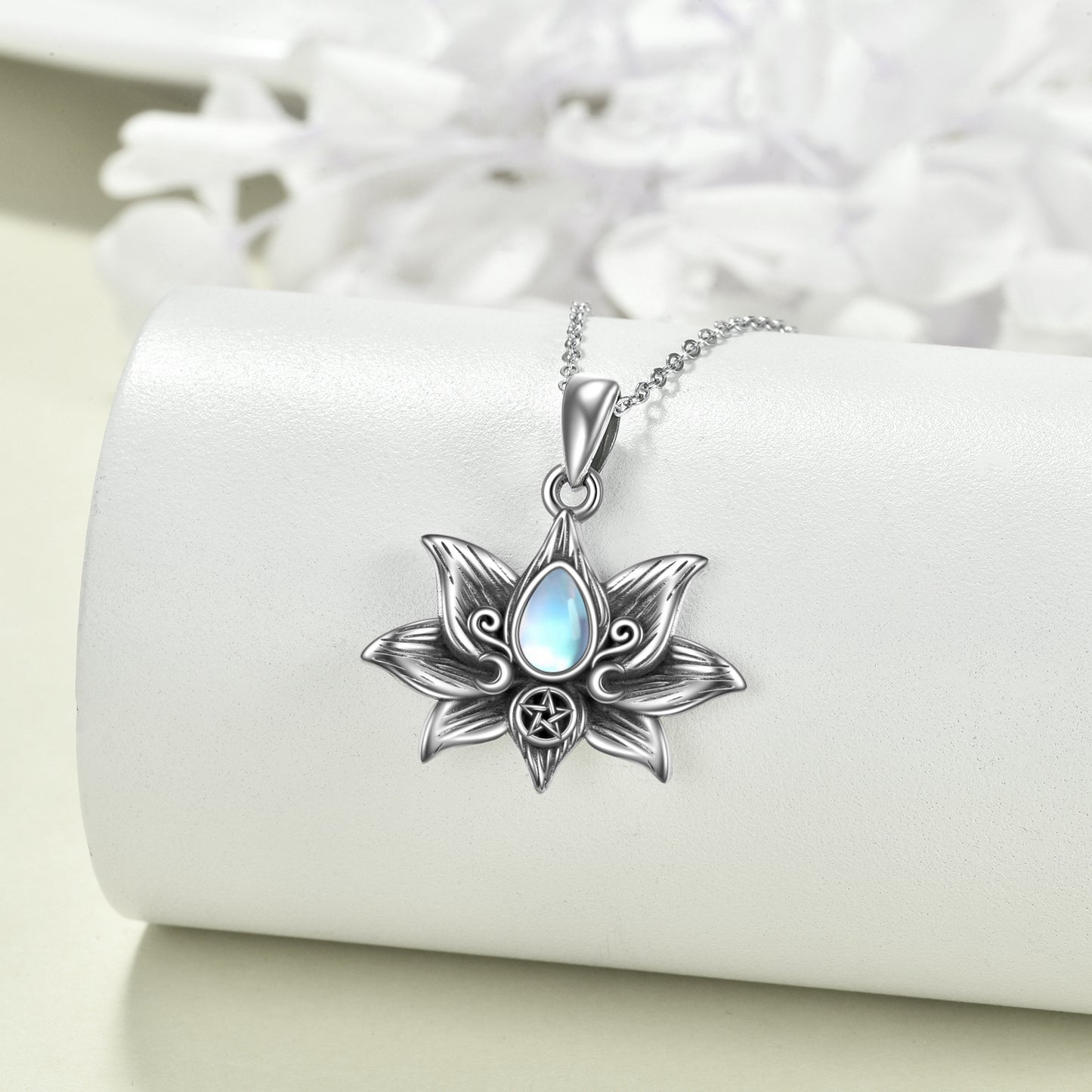 Sterling Silver Moonstone Lotus Flower Necklace