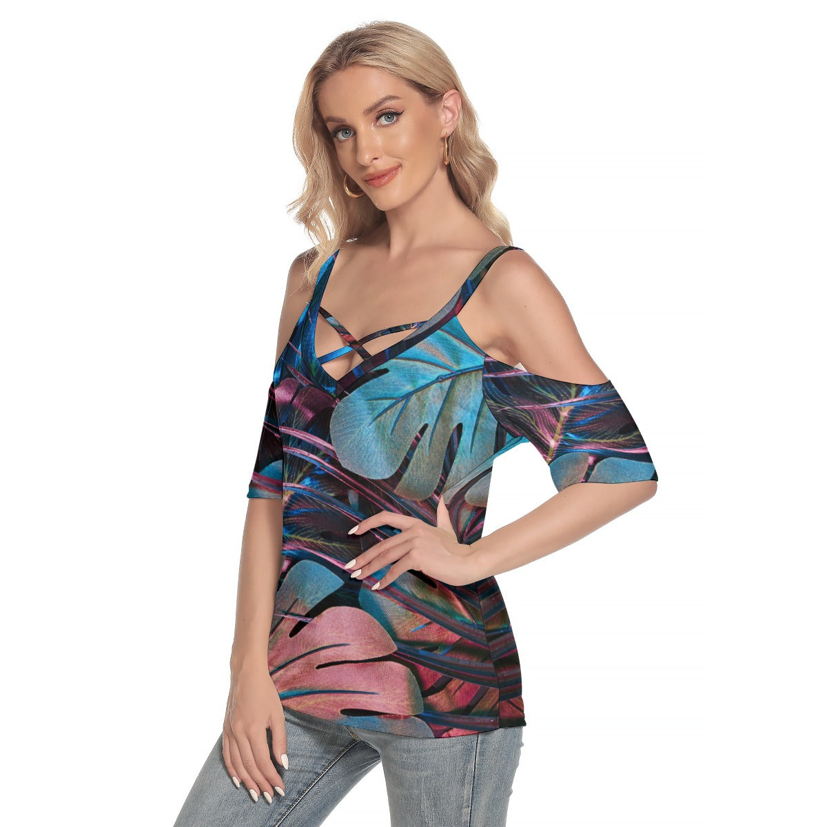 Women's Cold Shoulder T-shirt with Criss Cross Strips